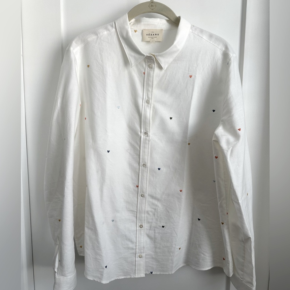 Sezane Pierro Shirt Multicolored Embroidered Hearts - Size 8